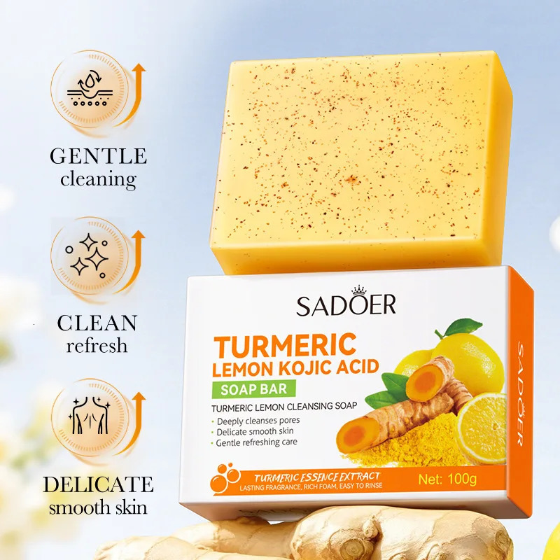 Lemon Turmeric Soap Handmade Deeply Cleansing Glowing Body Exfoliating Shower and Face Soap Body Care with Net 100g 251111