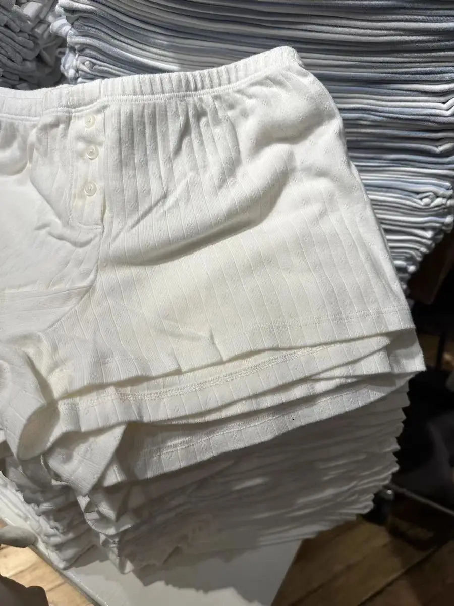 Eyelet Buttons White Long Sleeve T-shirt Set Womens Ultra Thin T-shirtElastic Straight Sweater Cotton Home Sleepwear 2-piece Set 250409