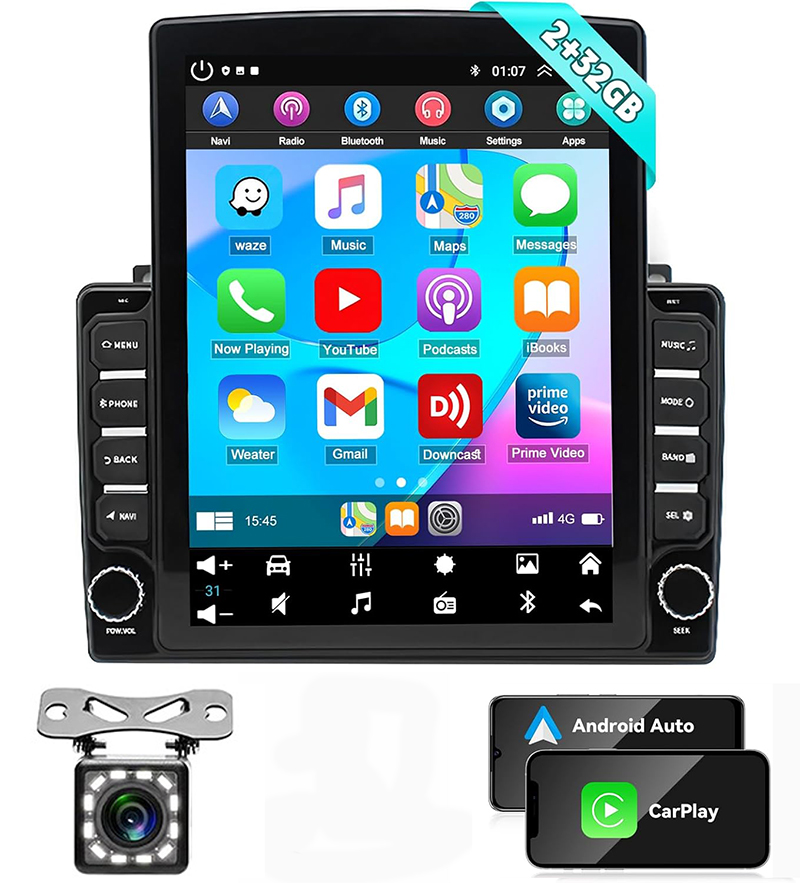 Universal 10 Inch Stereo 2.5D Vertical Screen With Carplay Android Auto Mirror Link 2G+32G 8 Leds Backup Camera All-in-one Car GPS Navigation System