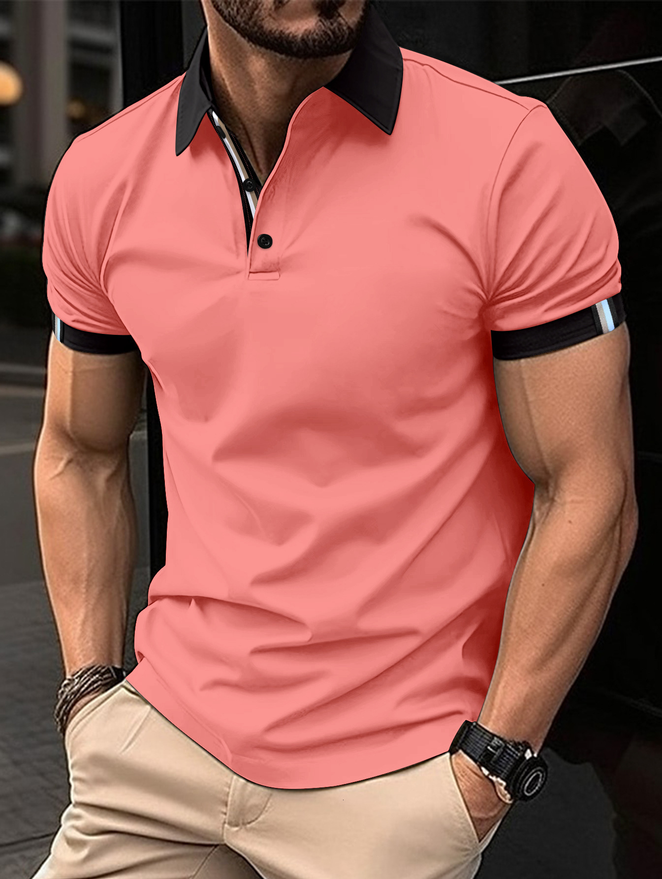 New Summer Mens Casual Collar Button Business Polo Shirt Solid Color Short Sleeve T-shirt