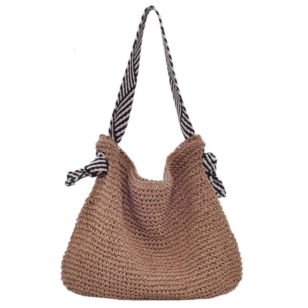 Handmade Beach Bag Navy Handmade Grass Woven Crochet Versatile Vacation Beach Ocean Style Black And White Strap Single Shoulder Women's Bag Kq2