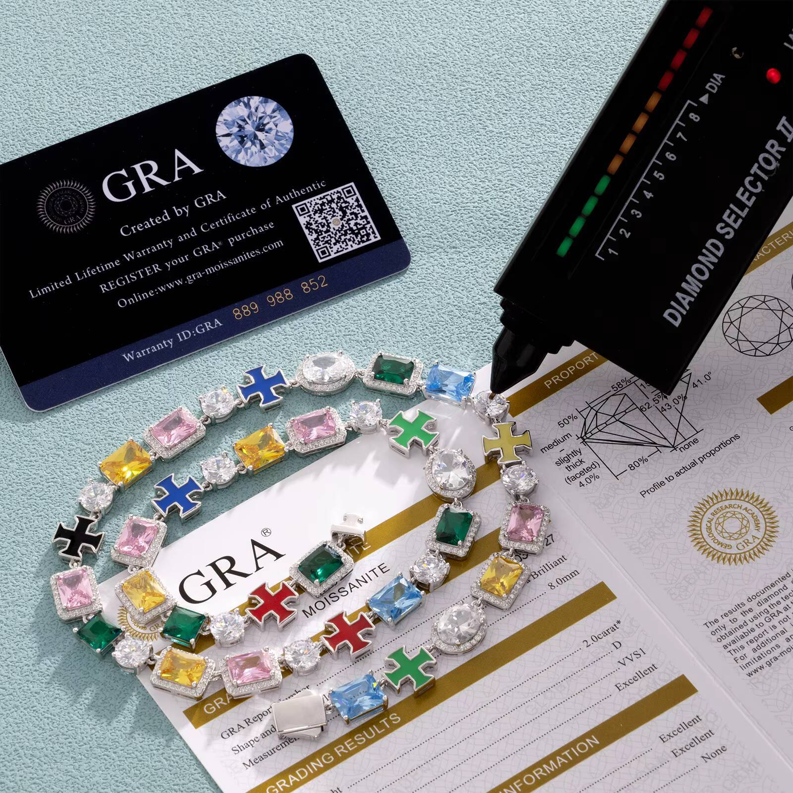 Elegant Rhodium Plated Sterling Silver Tennis Chain Necklace Gemstone Cross with CZ Enamel Accents for Wedding or Gift