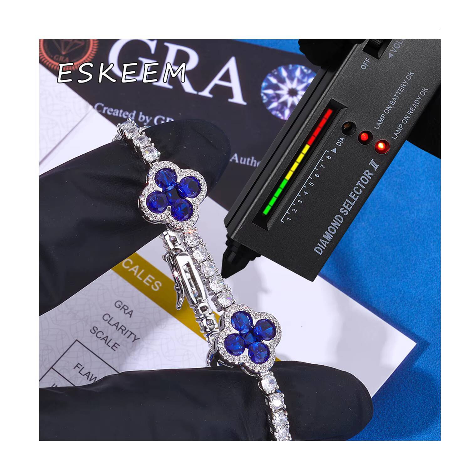 Eskeem Luxury Jewelry Bracelet 925 Sterling Silver VVS Moissanite Blue Clover Fashion Unisex Gift Pass Diamond Test