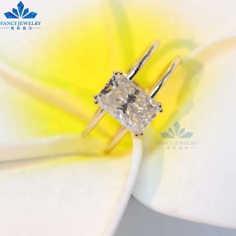 AU750 18K Yellow Gold 1.5CT Radiant Cut Moissanite Custom Solitaire Double Band Engagement Ring