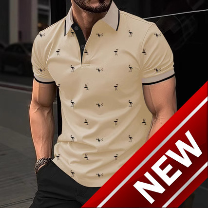 New mens lapel Polo flamingo short sleeved shirt with fashionable and personalized printed street style short sleeved top