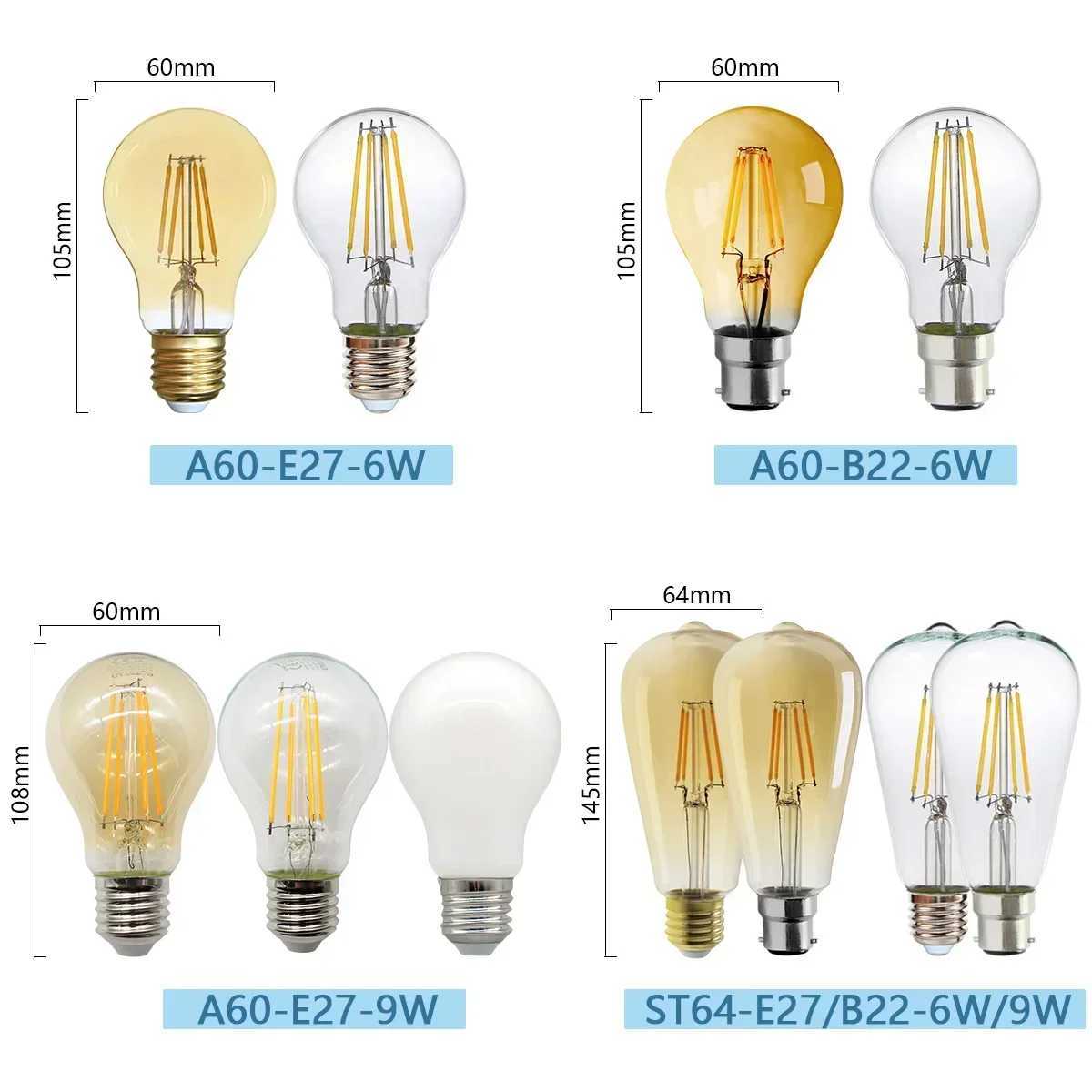3pcs Retro Led Light Bulb E27 B22 E14 C35 A60 ST64 AC220-240V Edison Filament Bulb Vintage Warm Glass Lamp Lighting Indoor light C251115