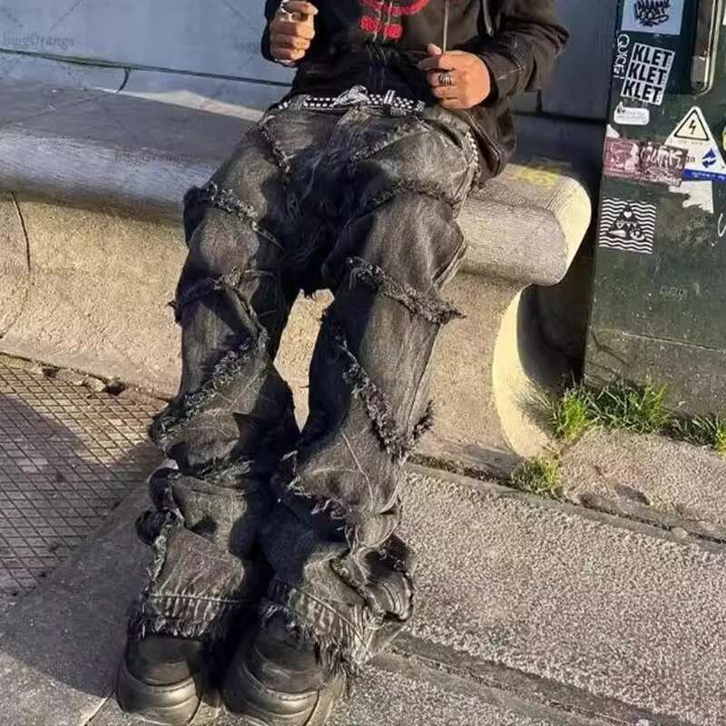 American Destructive Spider Web Design Jeans Men's Streetwear Hip-Hop Rough Edge Loose Denim Wide Leg Pants Chic 28W4657