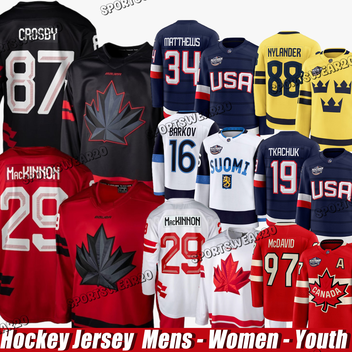 2025 4 Nations Face-Off Hockey Jersey MatthewsS ConnorS McDavidS Hedman Barkov Crosby MacKinnon Tkachuk Nylander Aho Team Canada USA Sweden Finland hockey jerseys