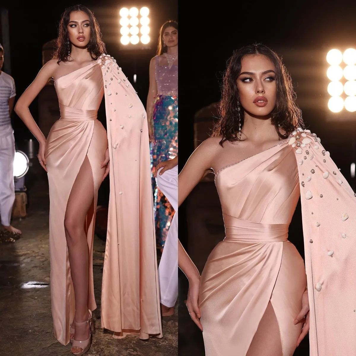 Elegant Pink Evening Dresses One Shoulder Shell Beads Pleats Formal Party Prom Dress Split Long Dresses for special occasion Custom Made 01