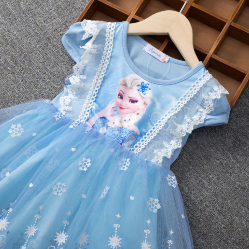 DISNEY kids designer short-sleeved dress baby girls spring and summer children's clothing Elsa's princess dress in summer.