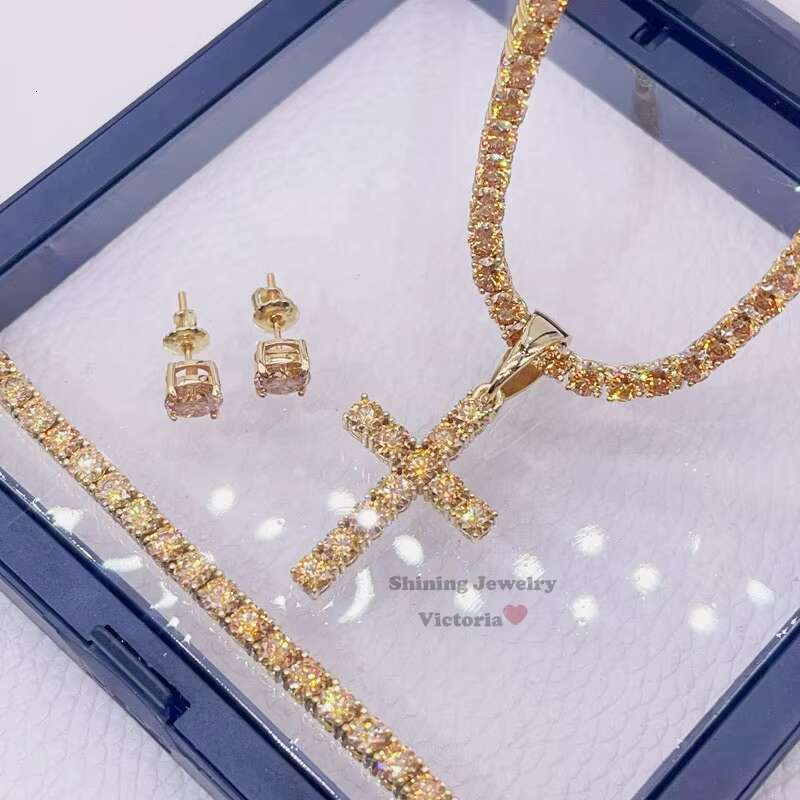 4MM Sterling Silver Yellow Gold Champagne Color Moissanite Cross Charm Jewelry Set Tennis Chain Set with 6.5mm Stud Earrings