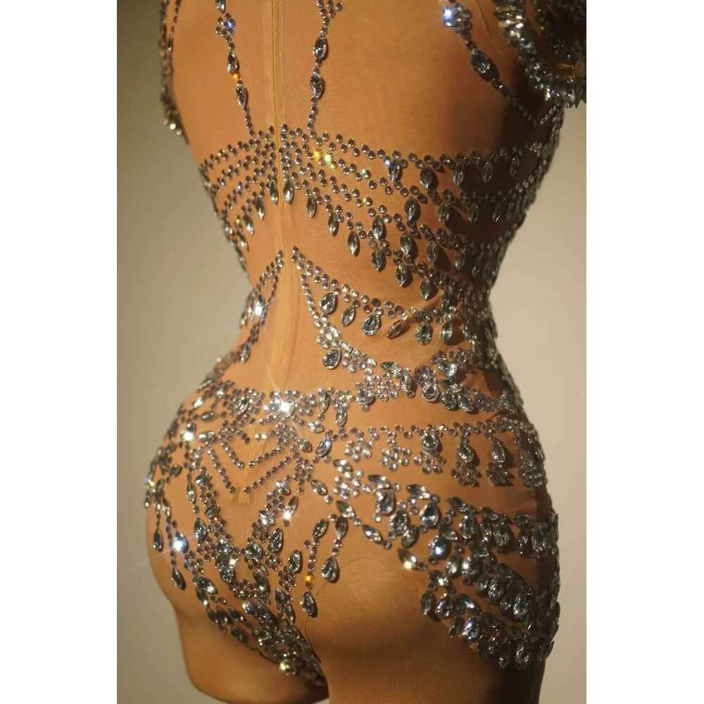 2024 Sexy Mesh Transparent Dance Outfit Sparkly Rhies Bodysuit Women Performance Costume Singer Party Club Show Stage Wear