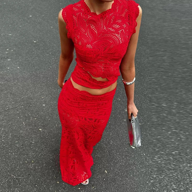 Red Sexy Hook Flower Hollow Lace Set Two Piece Crew Neck Crop Top and Fishtail Skirt Woman Outfit Spring Summer Slim Ladies Suit 250415