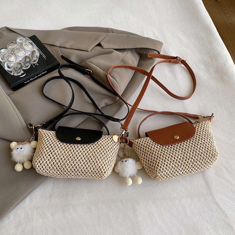 Handmade Beach Bag Summer Cover Splicing Handheld Mini Grass Woven Vacation Hairy Ball Beach Dumpling Bag Kq2