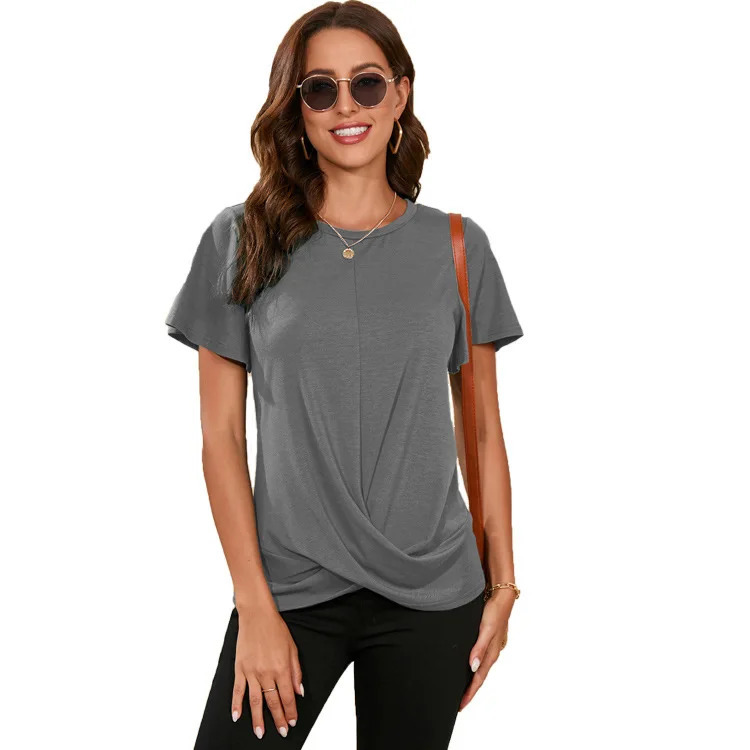 Womens Summer Top Round Neck Solid Color Twisted Short Sleeve T-shirt Womens Soft Comfort T-shirt Womens Clothing 250410