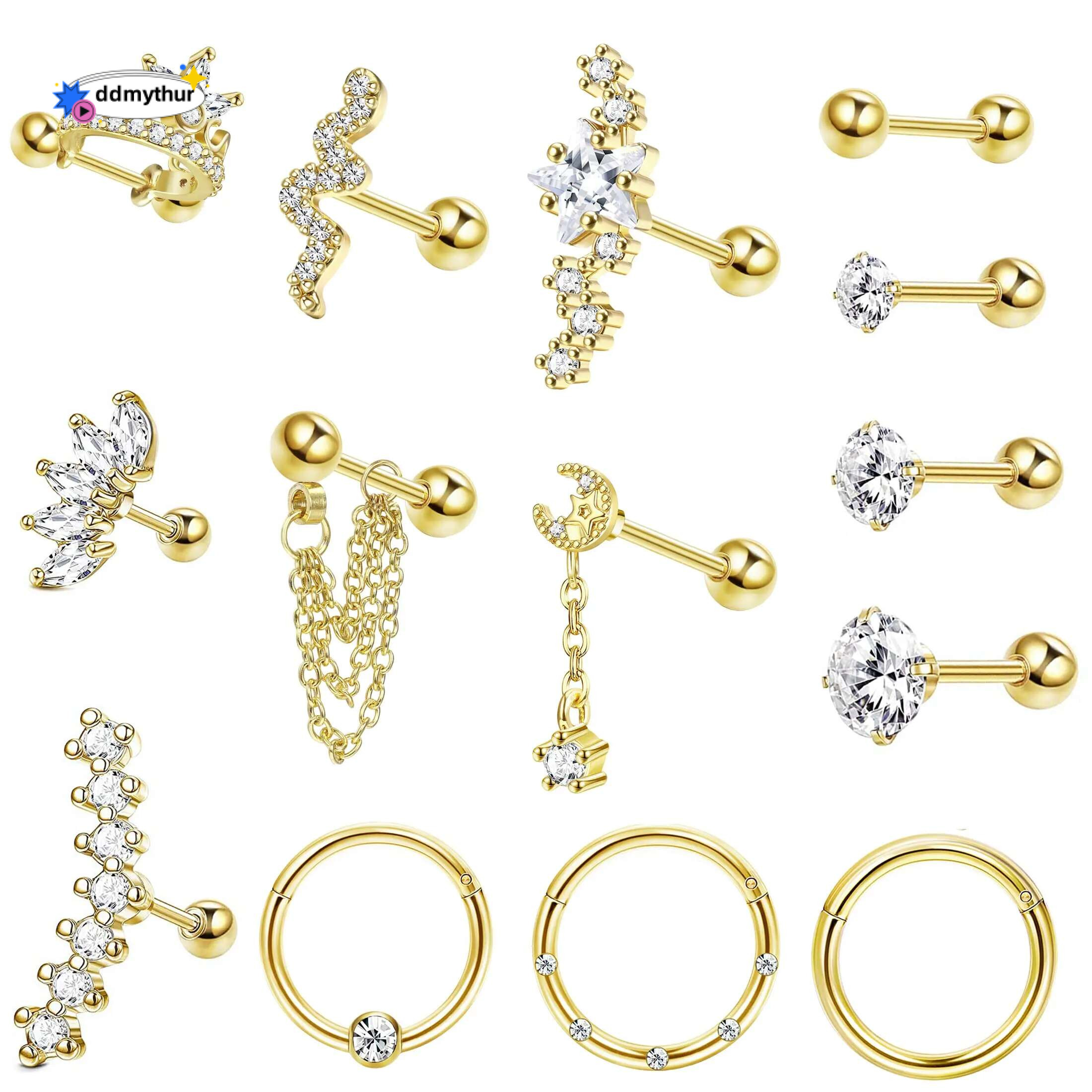 Stainless Steel Stud Earrings for Women Men Star Moon Snake Cartilage Screw Back Earring Helix Piercing Jewelry ddmythur