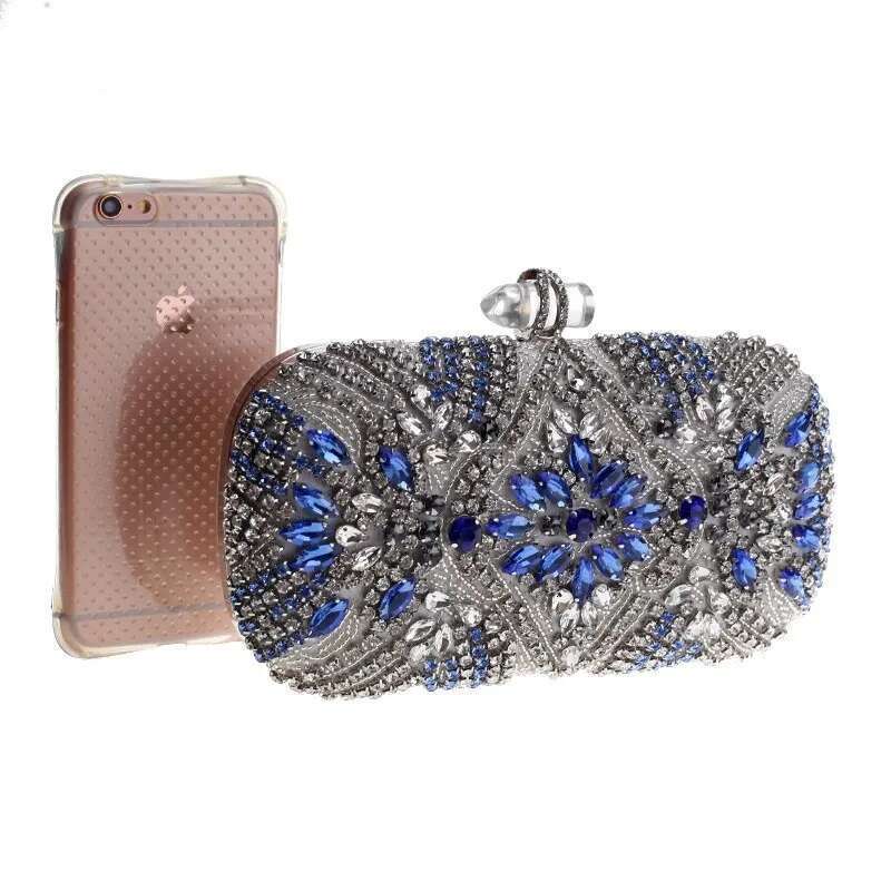 Women Party Blue Evening Wedding Purse Crystal Chain Shoulder Bag High Quality Rhie Female Clutch