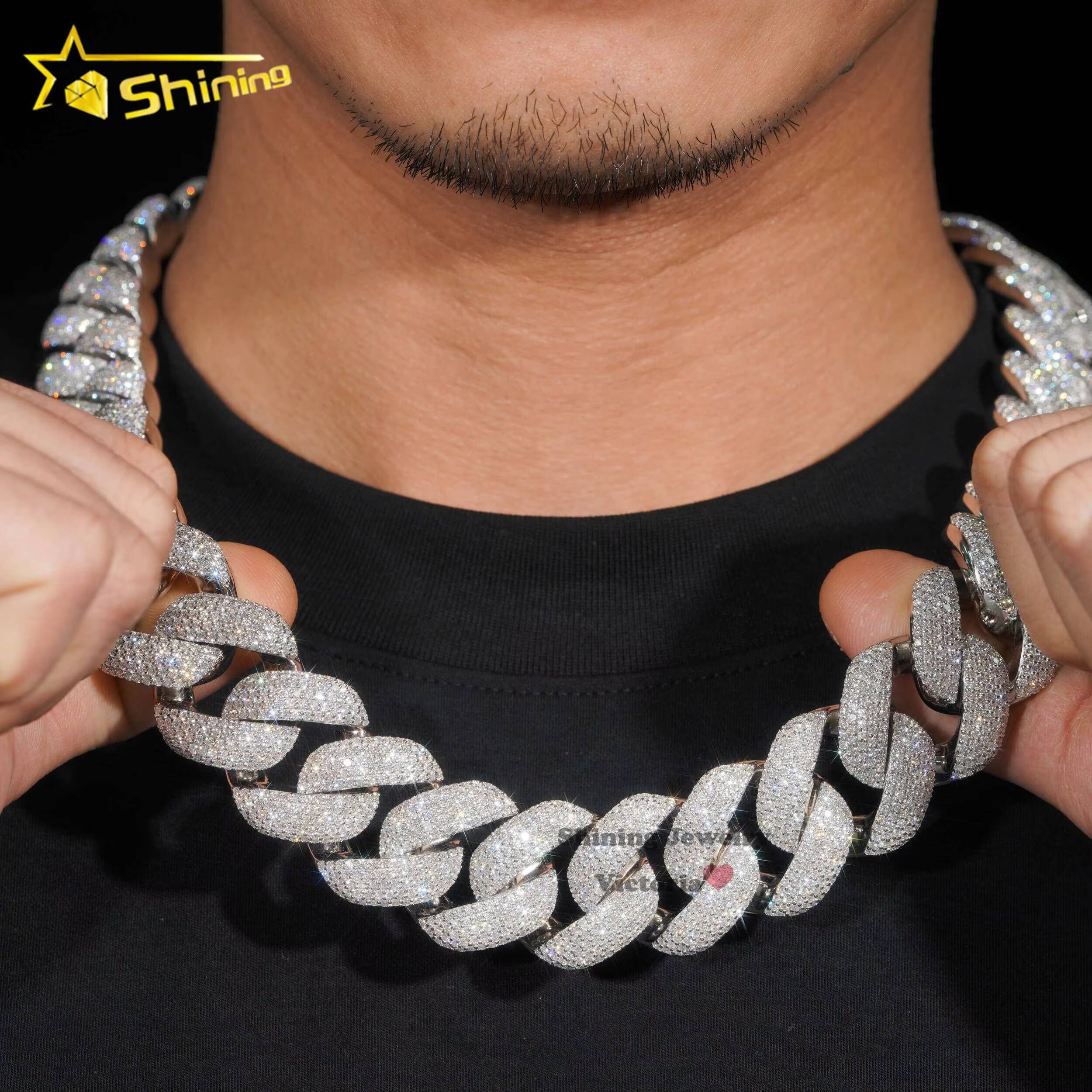 Shining Jewelry Hip Hop Iced Out Miami Cuban Chain 25MM Thick 925 Silver Lab Grown Diamond 14K Gold Plated Cuban Link Chain