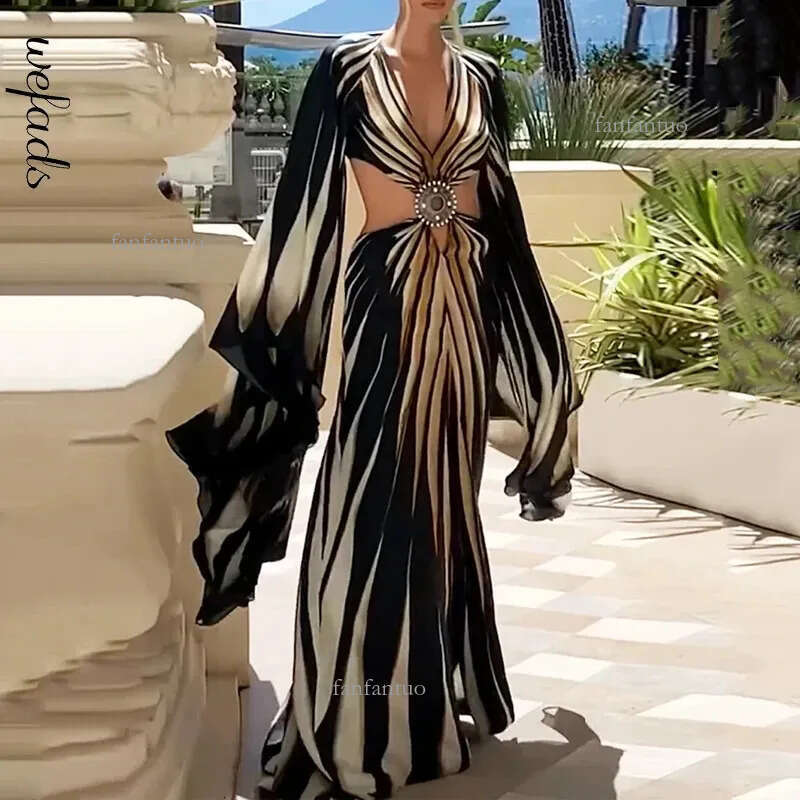 Wefads Maxi Dress Womens Clothing Printed Long Batwing Sleeve V Neck Backless Hollow Out Slit Vacation Dresses 250320 Z250623