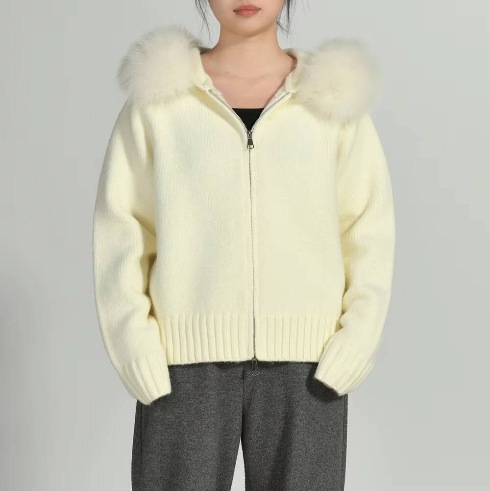 Custom Colors Long Sleeve Hoodie Knitted Coat Zipper Cardigan Luxury Fluffy Real Fox Fur Collar Hooded Alpaca Wool Sweater Women