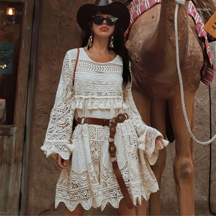 Casual Dresses Spring Autumn Original Design Women Bohemia Style Hollow Out Crochet Lace
