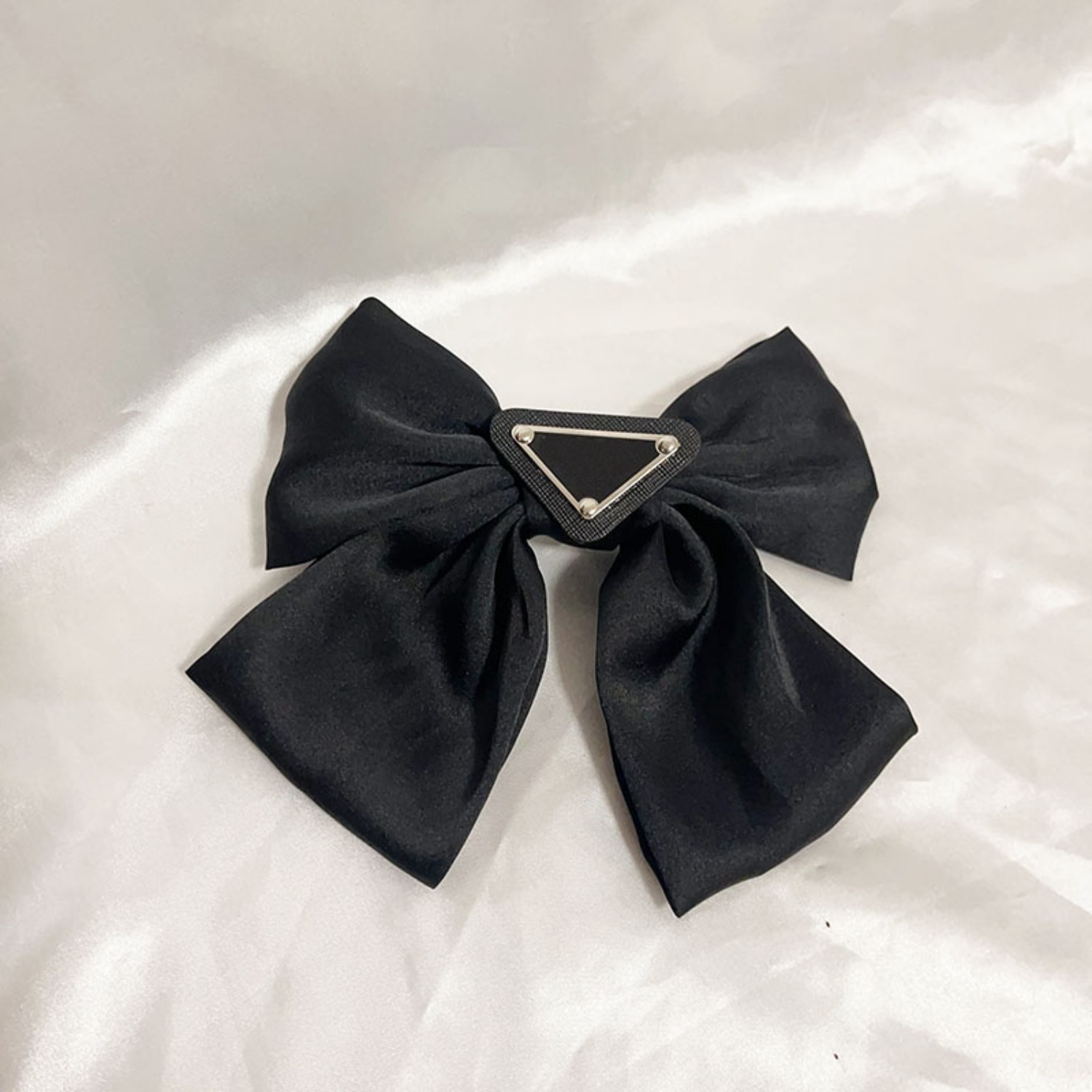Elegant Cream Satin Bow Hairpin with Black Silver Accents Fashionable Hair Accessory for Women Special Occasions