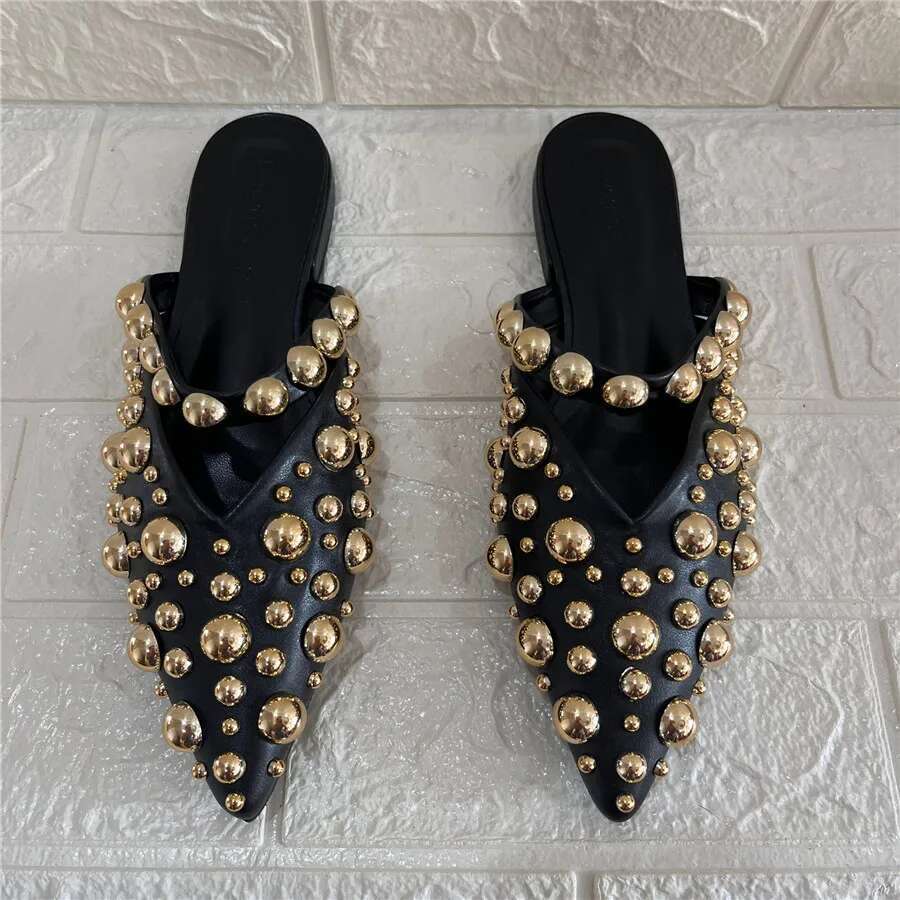 Punk Slippers for Women Rivets Studded Pointed Toe Summer Gladiator Sandals Flat Beach Shoes Female Slides Outside Mules