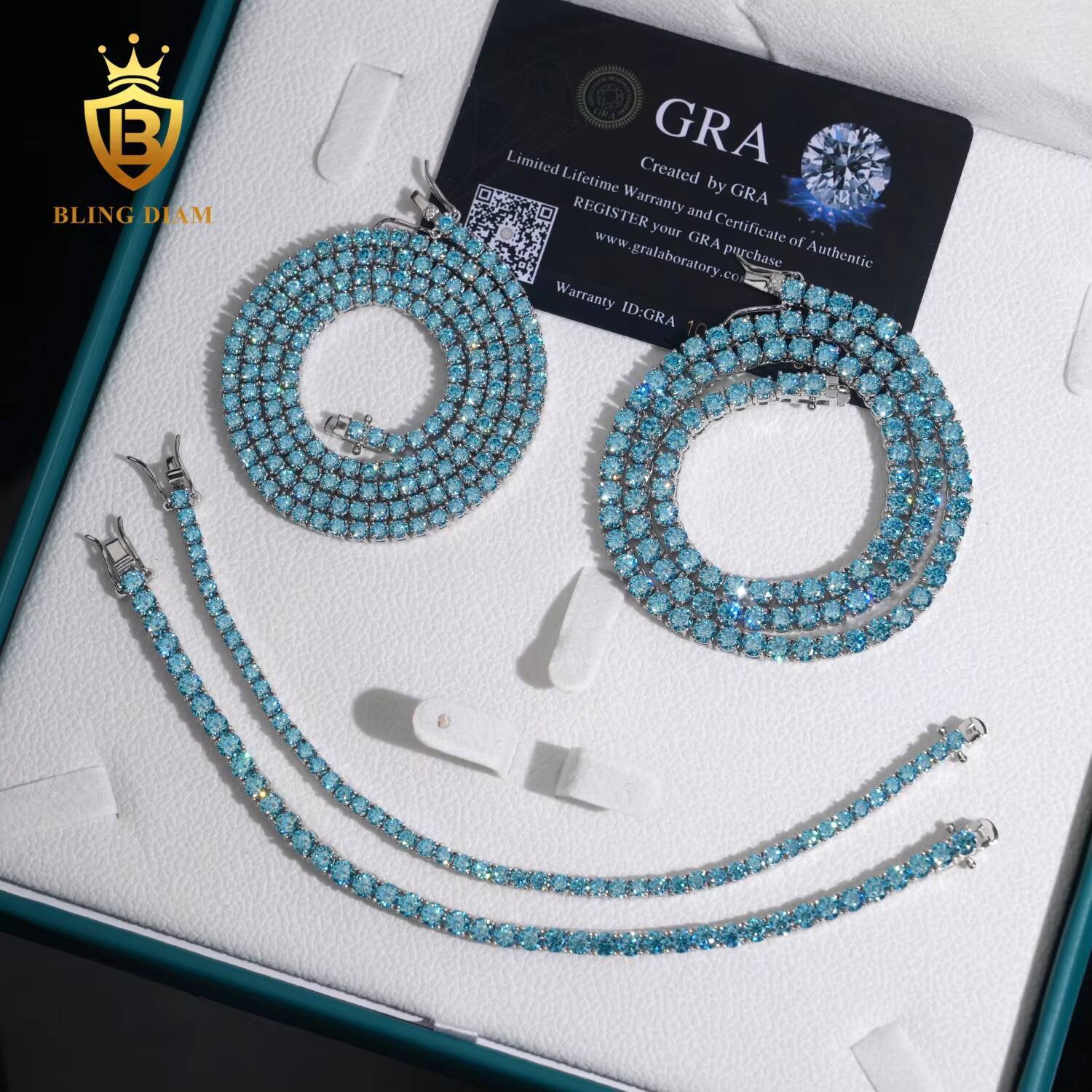 High Quality 925 Sterling Silver Iced Out Hip Hop Jewelry Sea Blue Moissanite 3mm 4mm 5mm Tennis Chain Necklace