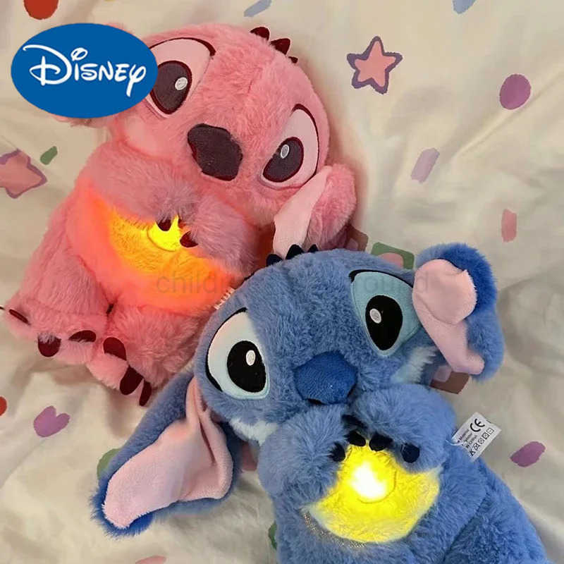Disney Kawaii Breathing Stitch Angel Plush Toy Doll Cartoon Anime Figure Sleeping Companion Sound and Light Peluches Kids Gift W20250416
