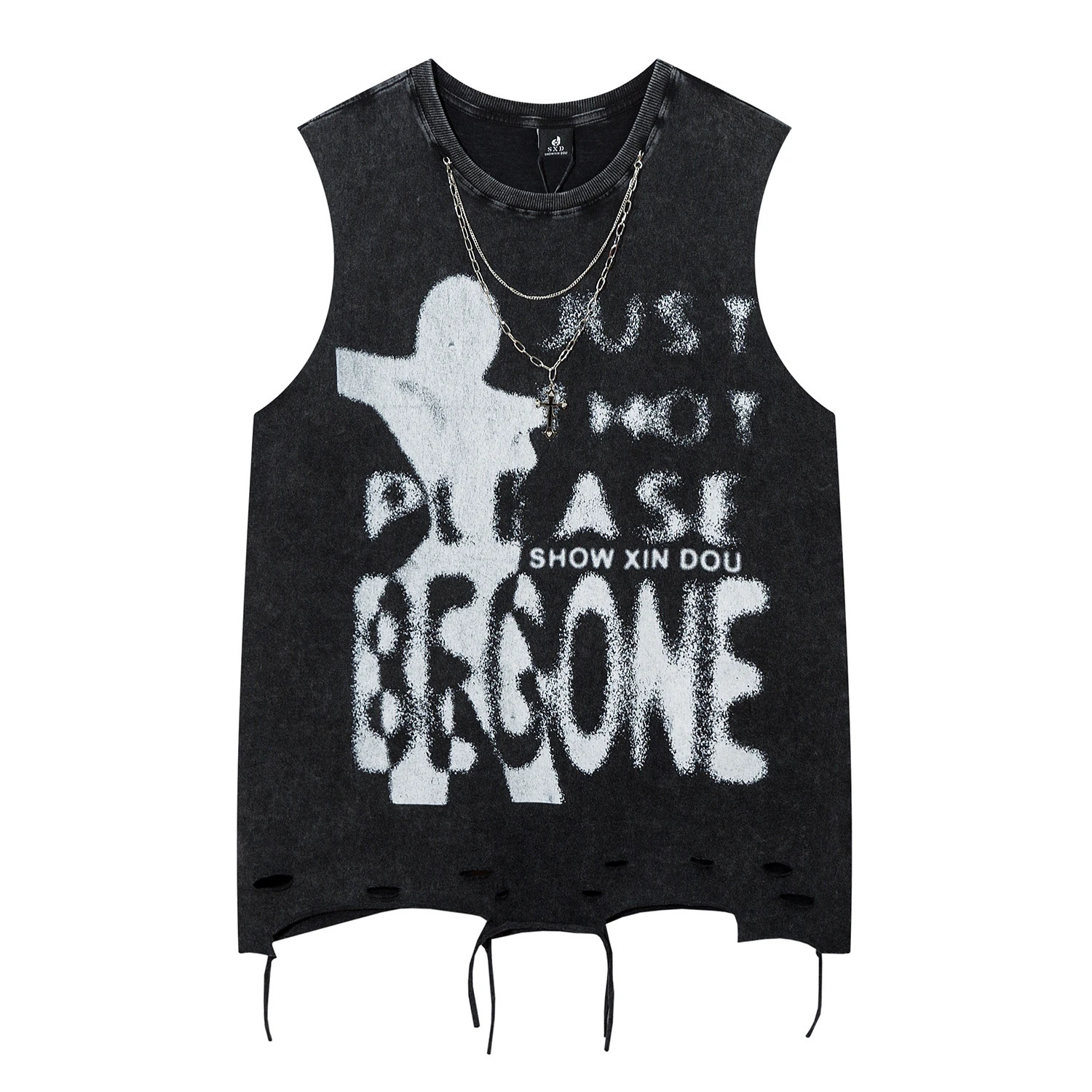 High Street American Vintage Washed Hole Ripped Vest Oversized Letter Printed Distressed Tank Top for Mens Casual Clothing Y2k 250415