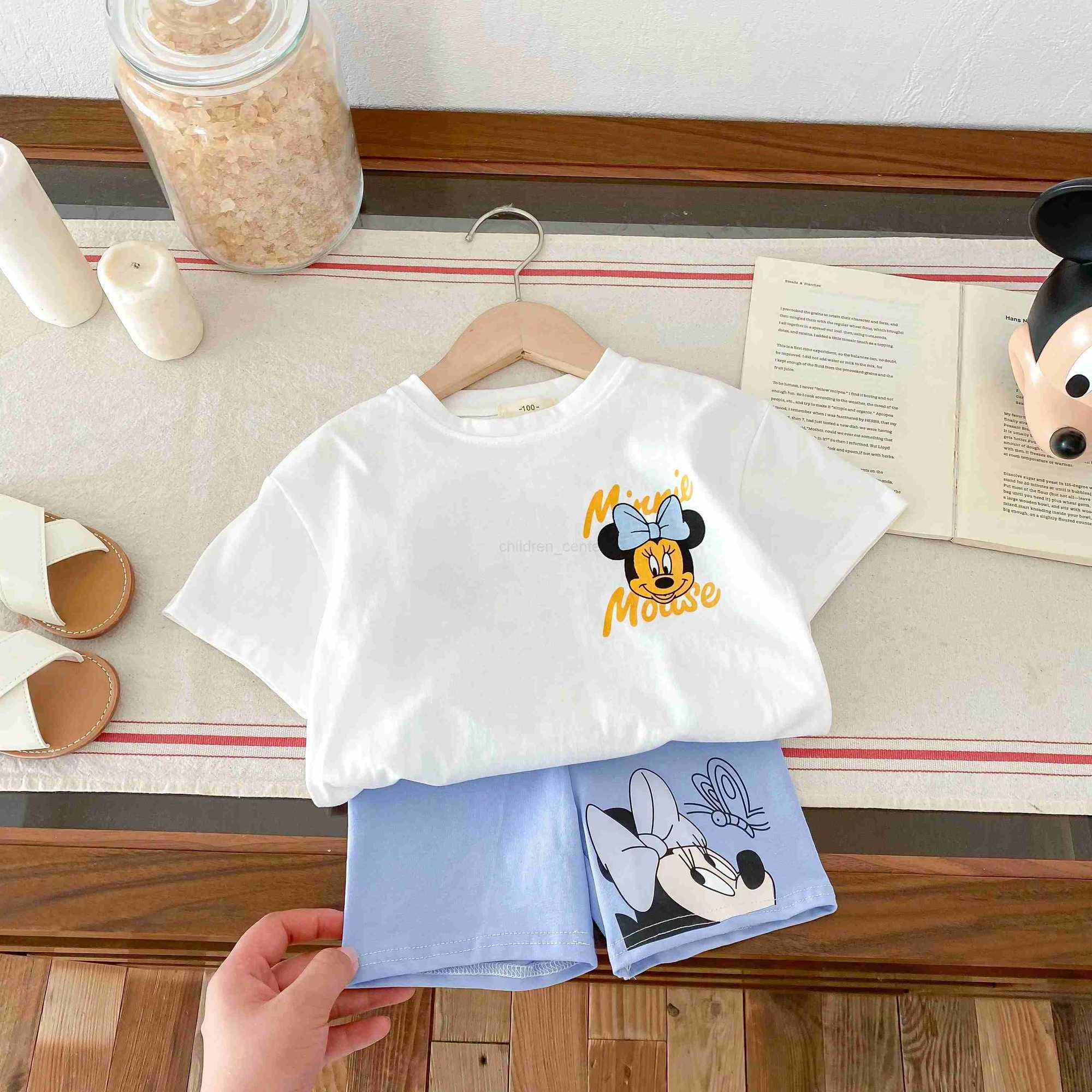 Disney Summer Minnie Disney printed T-shirt casual fashion set girls baby short sleeved sportswear cute Tshirts for kids slim fit set W20250416