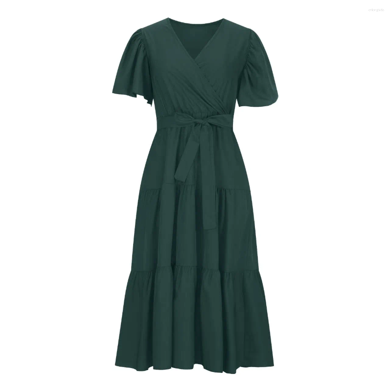 CNLONGBIDA Casual Dresses For Women 2025 V Neck Commuting Printed Short Sleeved Waist Long Skirt Bohemian Dress Ropa Para Mujer