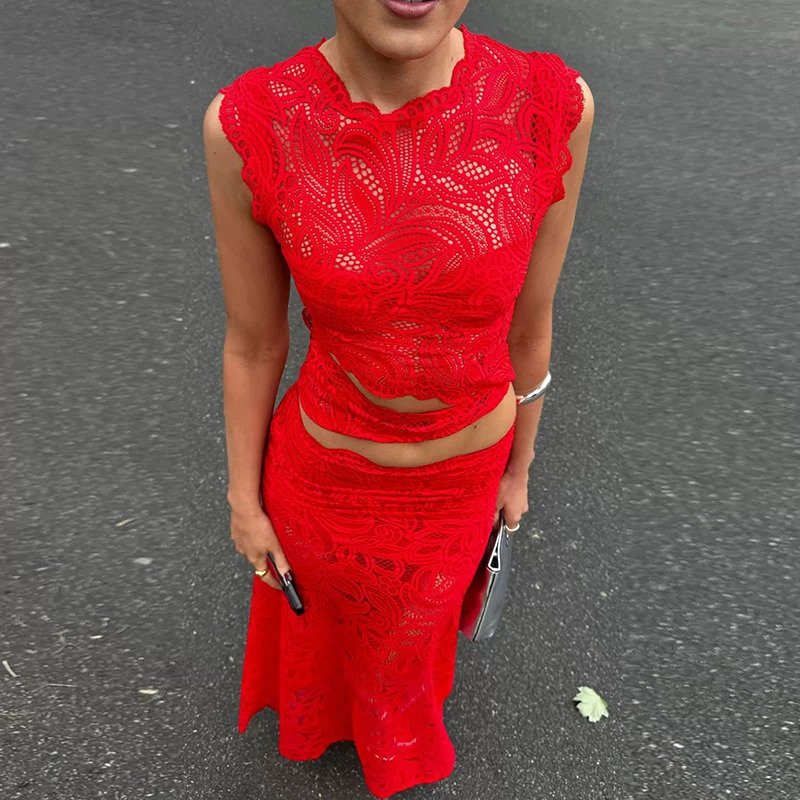 Red Sexy Hook Flower Hollow Lace Set Two Piece Crew Neck Crop Top and Fishtail Skirt Woman Outfit Spring Summer Slim Ladies Suit 250415