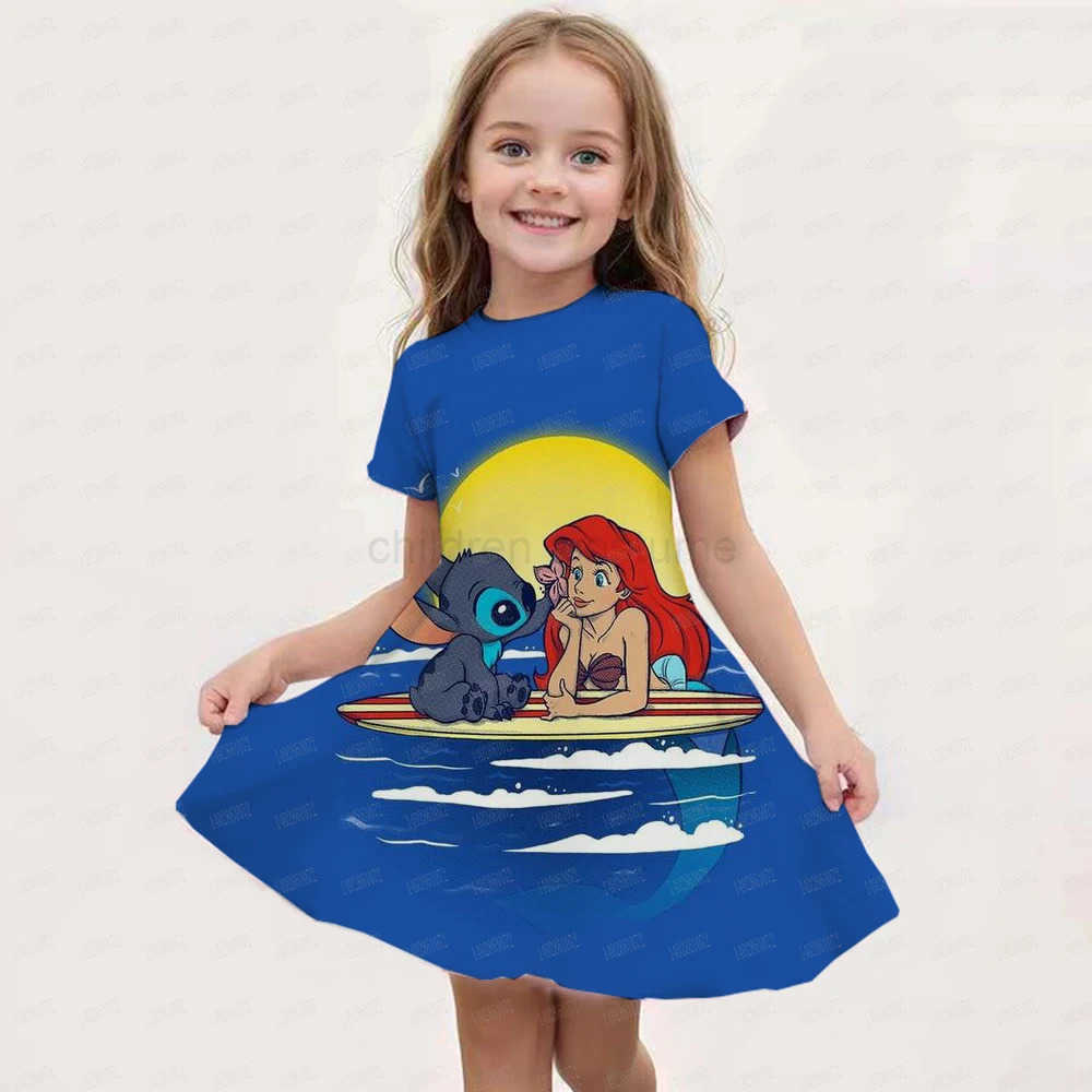 Disney Summer Disney Stitch And Angel Dress For Girls Women Short Sleeve Costume Princess Party Dresses Children Skirt Toddler Clothes W20250416