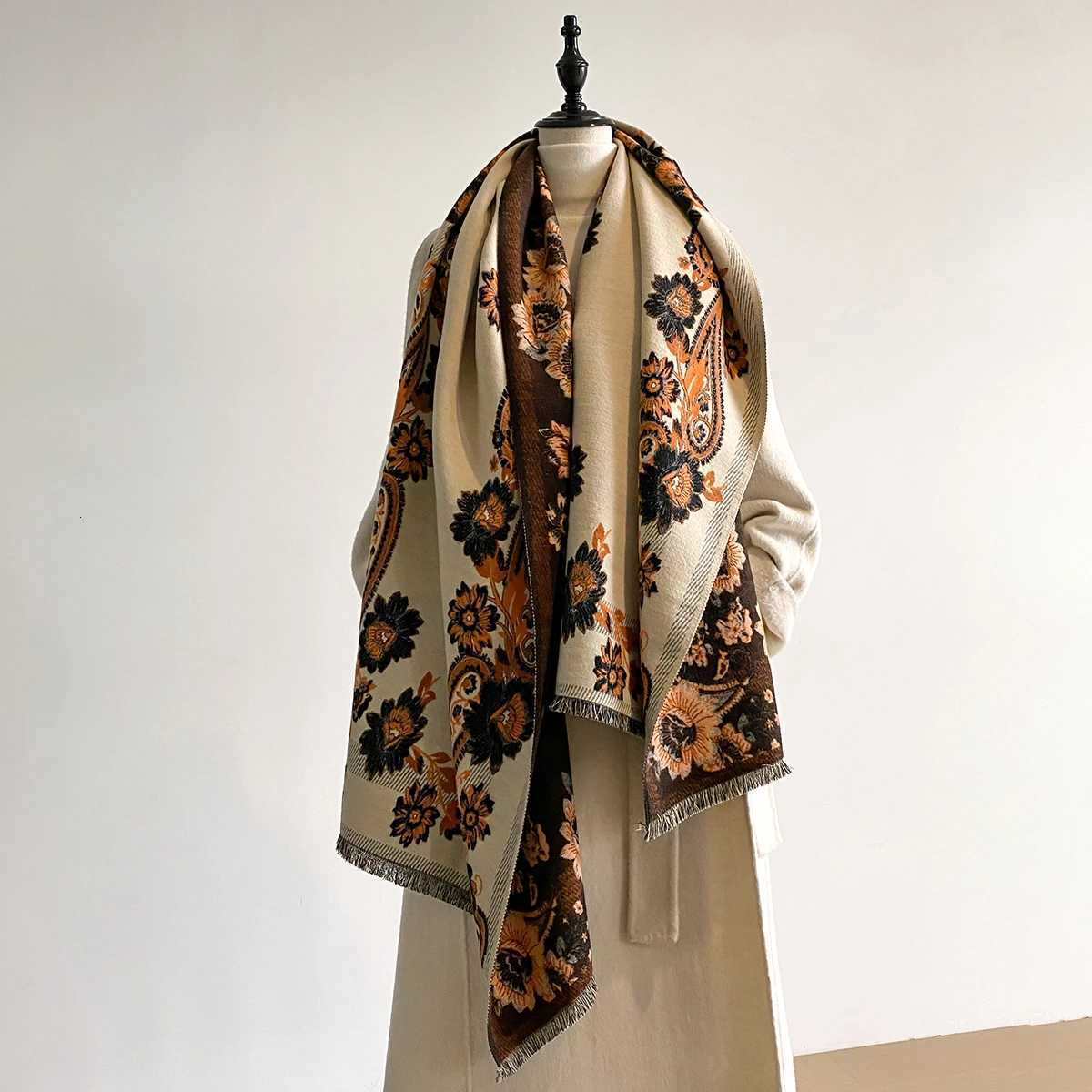 Luxury Thickened Luxury Imitation Cashmere Scarf for Women Ultra Soft Winter Jacquard Wrap Shawl with Elegant flower Patterns Y251115
