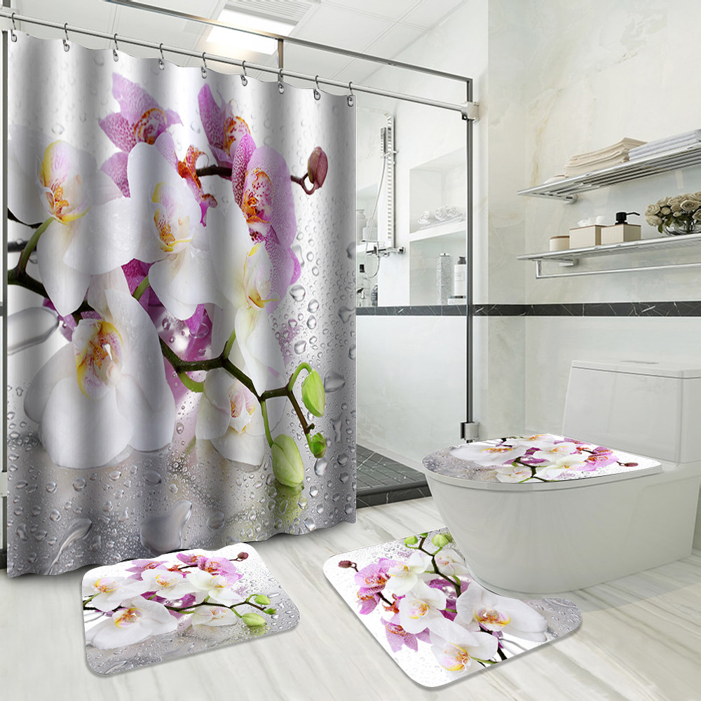 YL-37725 Hot Selling Shower Curtain 4-Piece Set, Green Plant Series, Waterproof and Mildew-Proof Shower Curtain, No Drilling Required