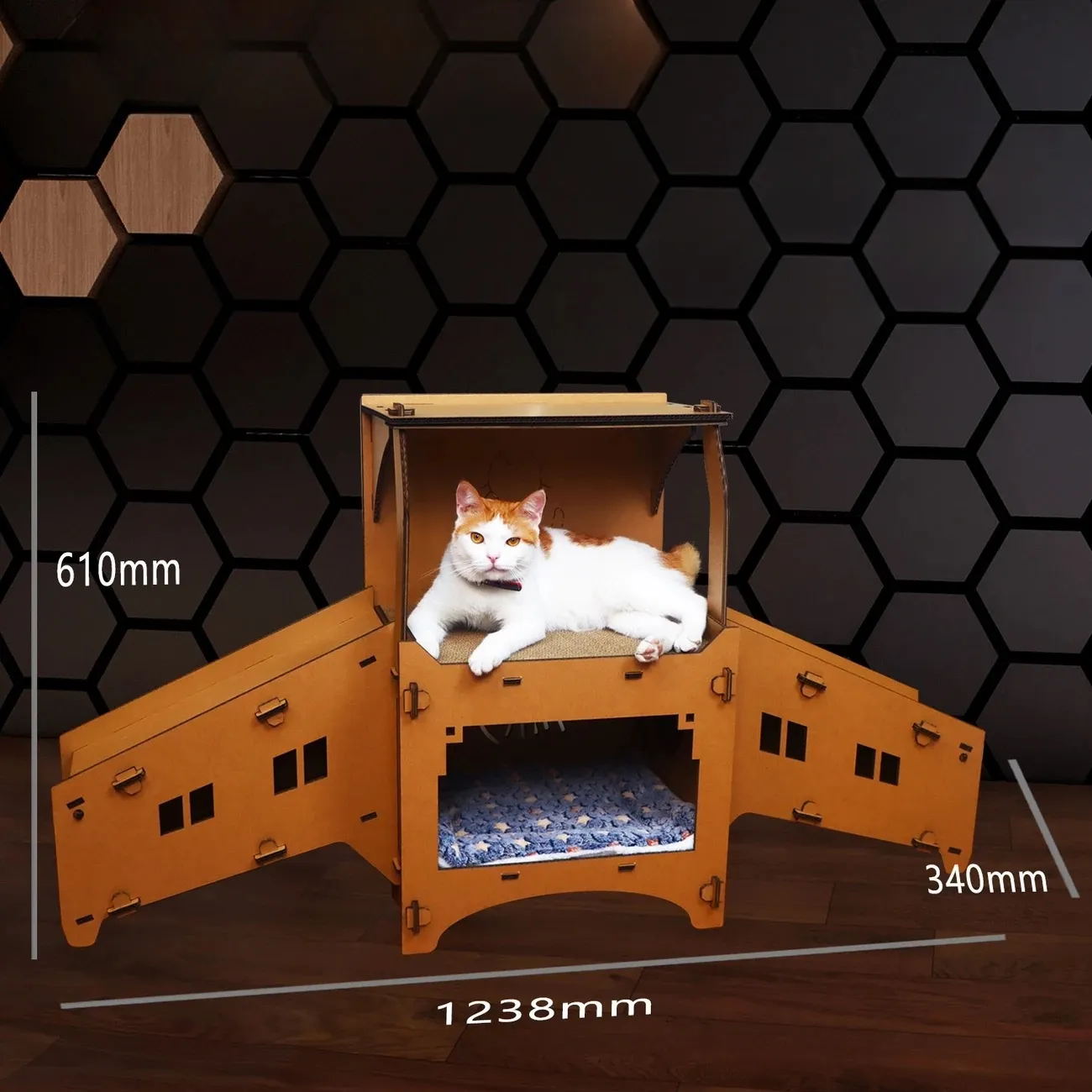 Cardboard Cat House Castle Playground, Multi-Level Cat Hideout Scratcher with Detachable Hanging and Spring Toys