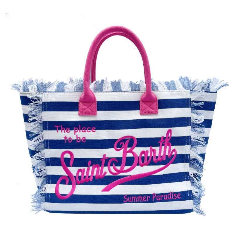 Saint Barth European And American New Women's Large Capacity Fashion Horizontal Striped Deep Blue Tassel Beach Handbag