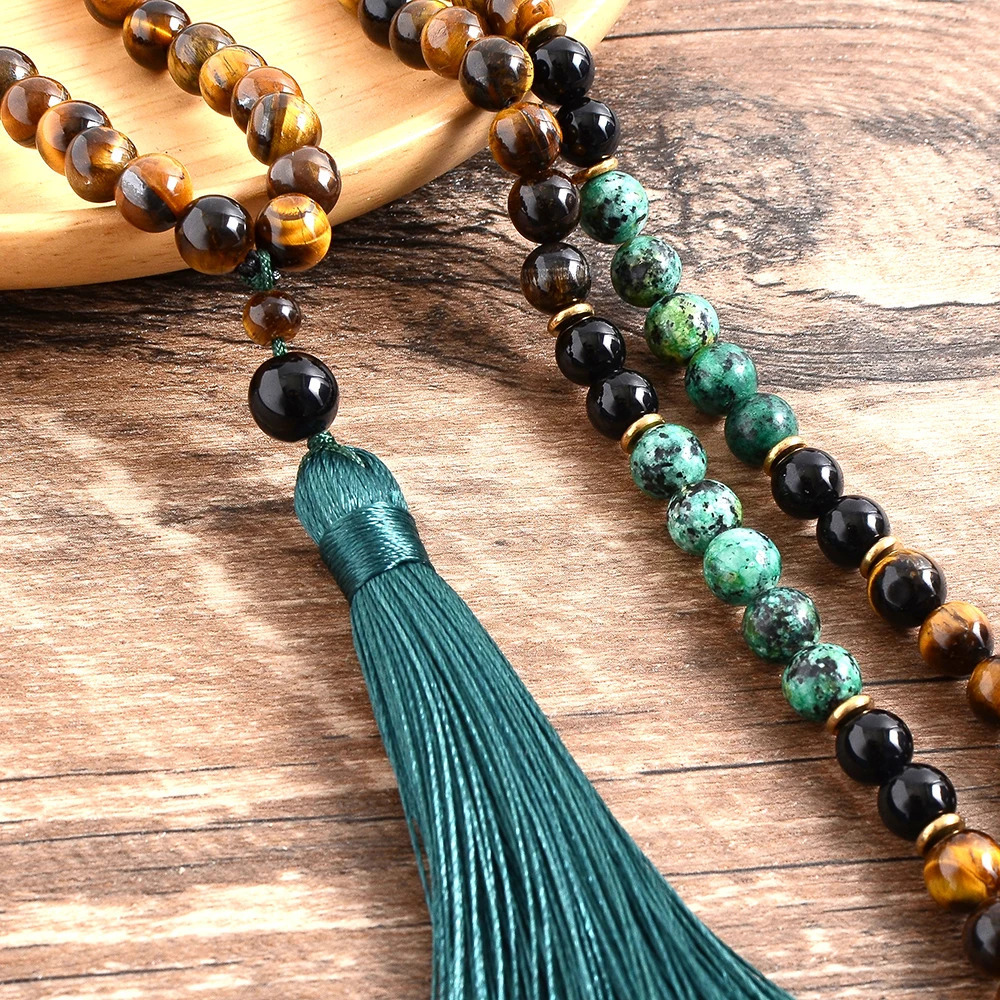 8mm yellow tiger eye Turquesa African black agate Japamala set meditation yoga spiritual jewelry 108 Mala bead tassel necklace 250409