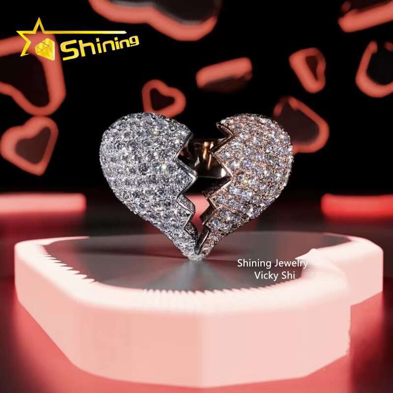 New Iced Out Design Heart Ring Custom Rapper Jewelry Hip Hop Ring 925 Sterling Silver VVS Moissanite Broken Heart Ring