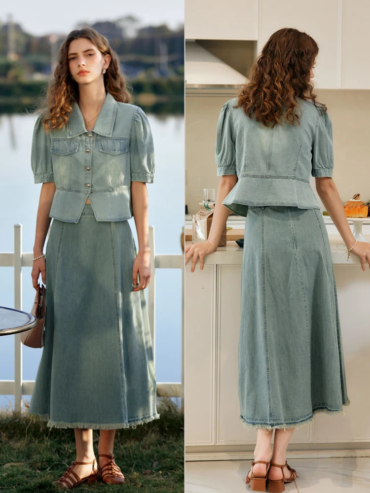 OLrain Retro Denim Technology Set Lyocell Short Sleeve Puff Top Washing Aline Technology 2025 SpringSummer Two Piece O24XE90921 250414Z