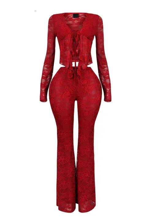 Womens Set Long Sleeve Lace See Through Shirt Long Pants Street Evening Sexy Two 2Piece Sets Outfits Tracksuit 250415