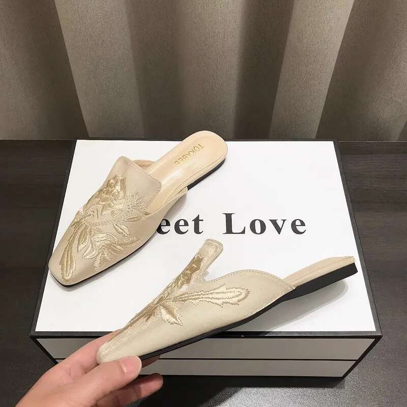 Women's Mules Slippers Summer Footwear Flats Retro Chinese Style wers Elegant Dress Low Heel Sandals Designer Slides on sales