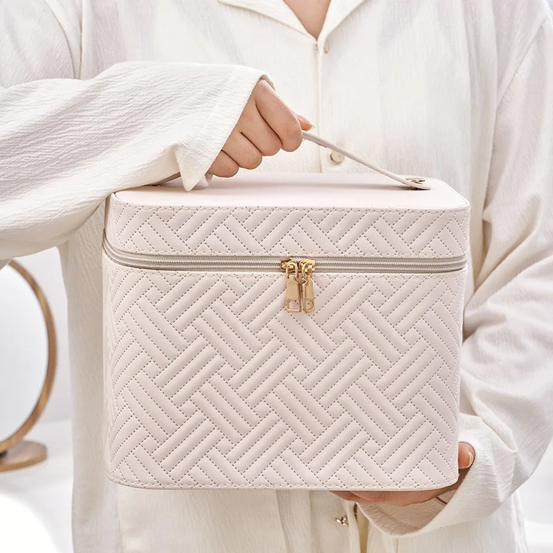 waterproof makeup bag with LED light mirror large travel makeup organizer portable toilet case woven pattern 250409