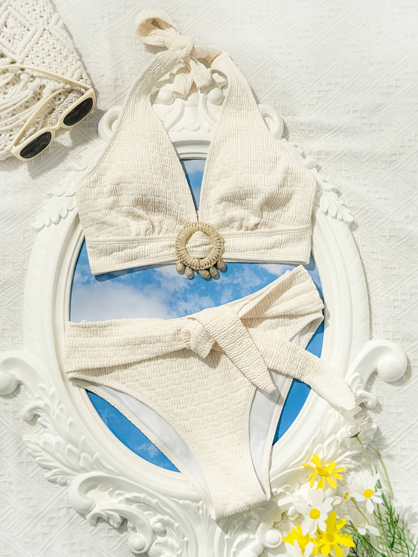 Solid Two Piece Swimsuit for Woman Deep V-neck Necklaces Chest Ring Design Low-waisted Briefs Ribbon Fashionable and Sexy