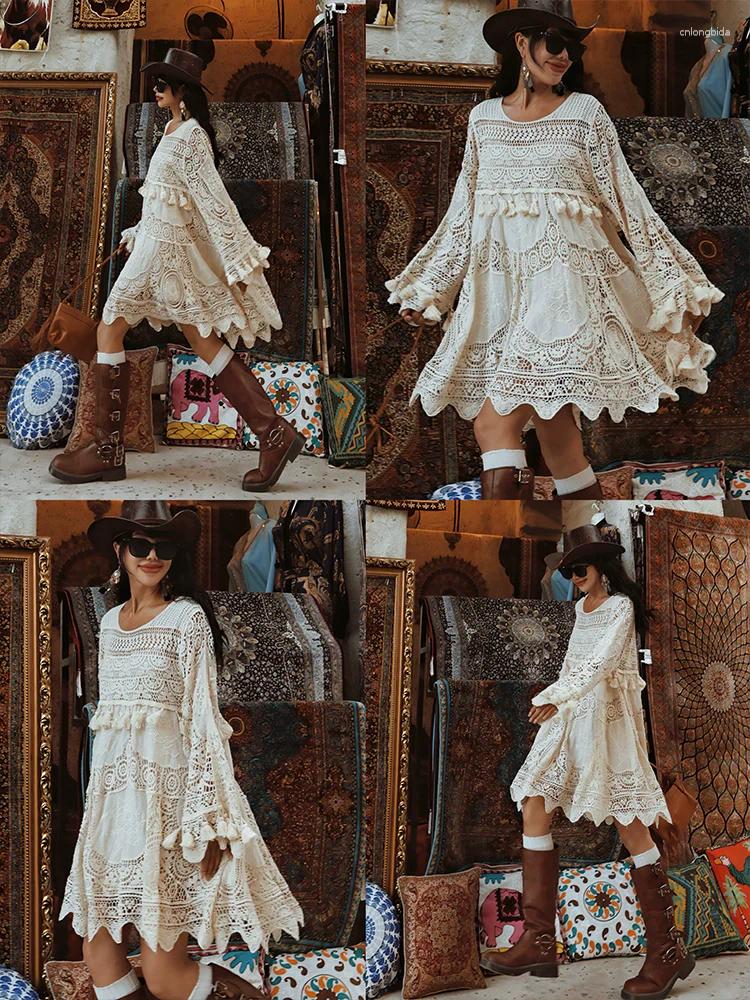 Casual Dresses Spring Autumn Original Design Women Bohemia Style Hollow Out Crochet Lace