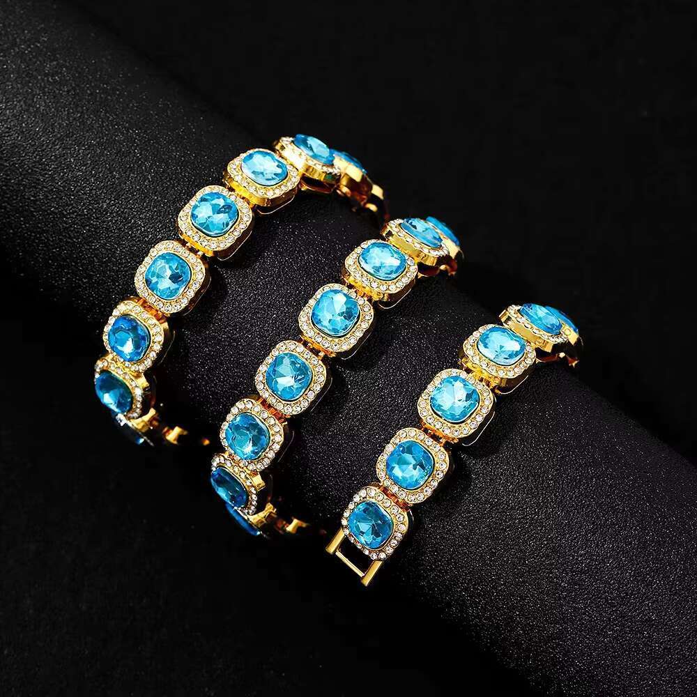 DHCollections Iced Out Cuban Link Chain Necklace 12mm Wide Blue Gem Tennis Style Hip Hop Accessory Gold Silver Color for Men Women 18-24 Inch 1 Piece