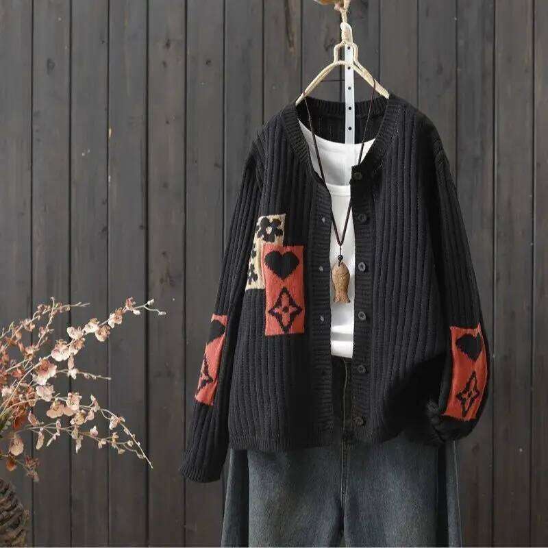 Women's Clothing Jacquard Casual Sweaters Autumn Long Sleeve Loose Knit Floral Cardigan Lady O-Neck All-Match Fashion Top Coat