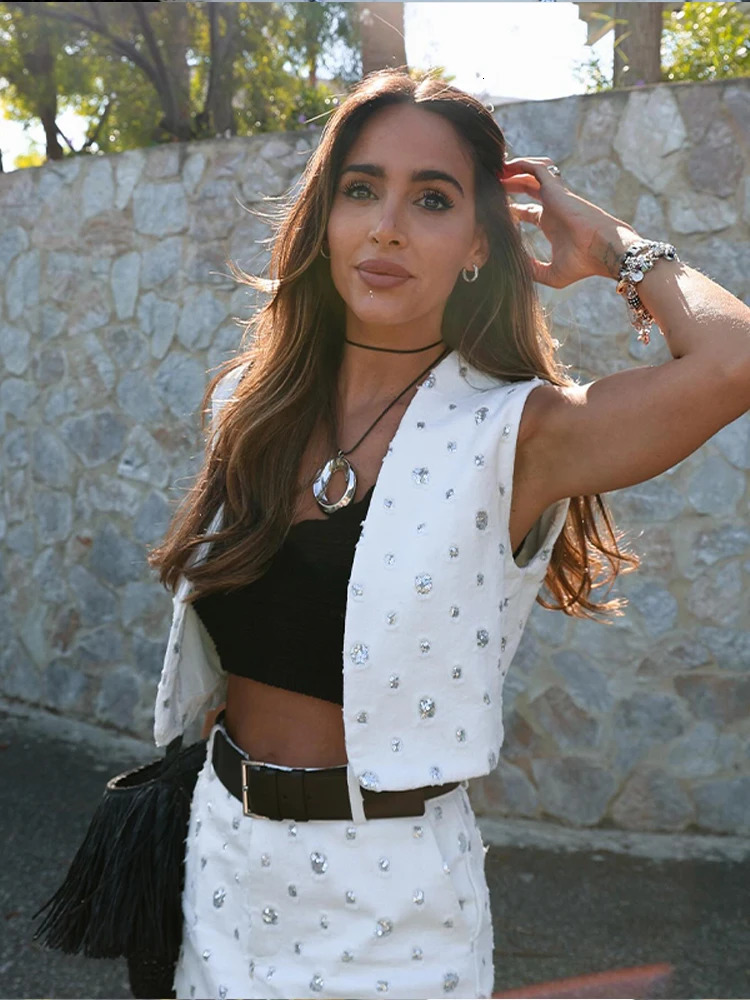 Casual Sequined Women Skirt Sets Sleeveless Tank A-line Zipped Mini Skirts Spring Summer Fashion Female 2 Pieces Suits 250415