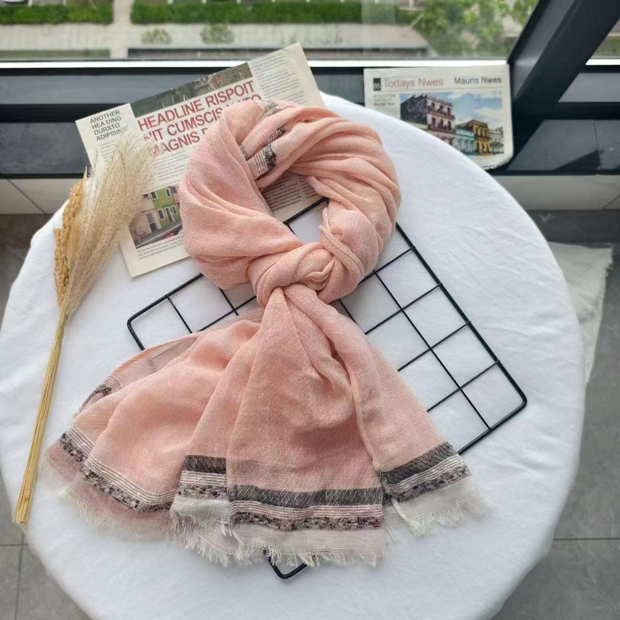 T480 new women's scarf spring and autumn thin retro solid color rectangular shawl literary retro versatile cotton and linen scarf